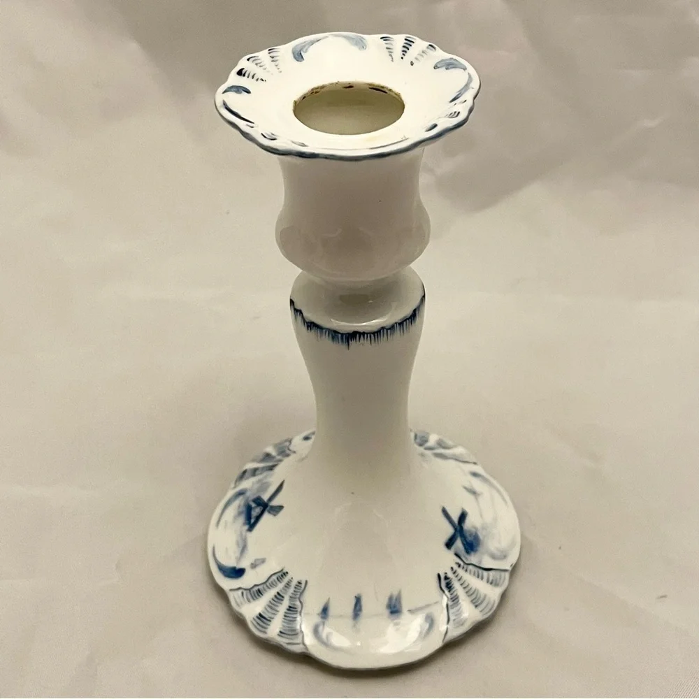 Farmhouse Style Candlestick, Blue & White Windmills, Signed on Bottom, VTG EUC